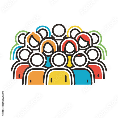 Diverse group of people with colorful outlines and simple cartoon style representing community and togetherness