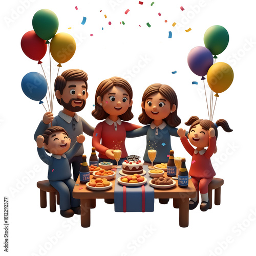 3D illustration of a happy family celebrating a birthday with cake, balloons, confetti, and drinks around a festive table, perfect for birthday parties