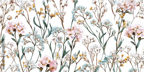 Delicate watercolor floral pattern with soft pastel colors and a whimsical airy feel