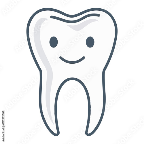 Cute cartoon tooth with a happy smiling face and simple blue eyes on a white background