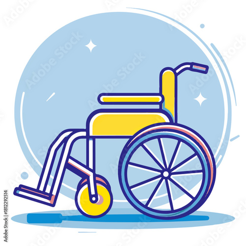 Stylized illustration of a yellow wheelchair with large wheels and small front casters