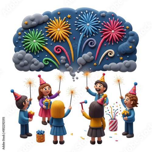 3D illustration of six children celebrating with party hats holding sparklers and watching colorful fireworks in the night sky, perfect for birthday parties