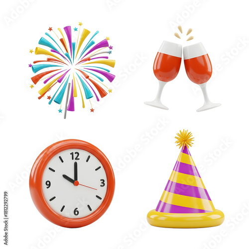 Colorful fireworks, clinking wine glasses, a clock showing midnight, and a striped party hat set, perfect for New Year celebrations