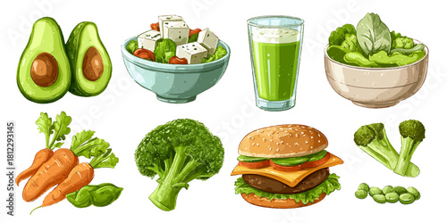 Collection of fresh healthy food items including avocado smoothie and salad for a balanced diet