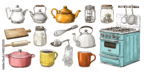Collection of vintage kitchenware and appliances including teapots jars stove and cookware