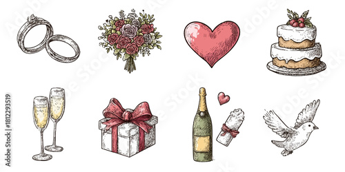 Collection of hand drawn wedding icons featuring rings flowers heart cake champagne gift and dove