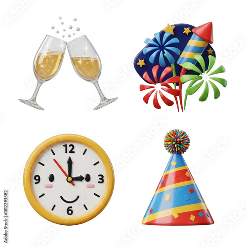 New Year celebration icons with champagne glasses, fireworks, clock, and party hat perfect for holiday and festive event designs