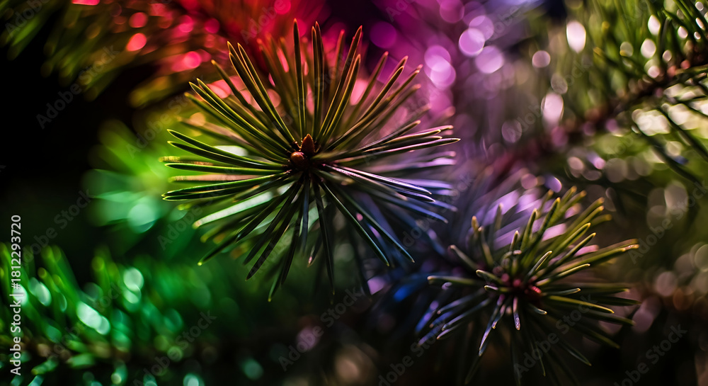 Naklejka premium Close-up of Evergreen Tree Needles with Rainbow Colored Light and Festive Christmas Atmosphere