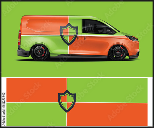 Modern delivery van with shield logo and two tone color scheme