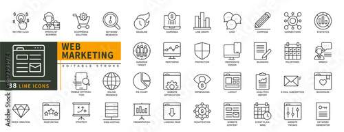 Minimalist Web Marketing line icons set with editable stroke, featuring statistics, speech, bookmark, keyword generator, website, analytics report, bloging, compose, event. thin linear illustration.