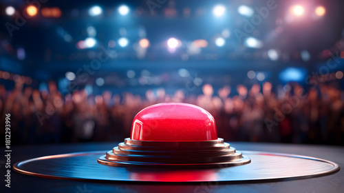 Dramatic game show scene with glowing red buzzer button in vibrant setting