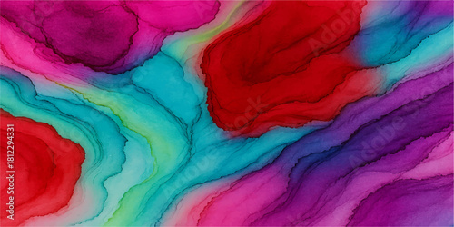 Vibrant abstract ink painting with pink purple red and teal colors