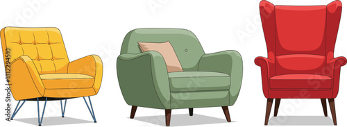 Modern stylish armchair vector set featuring colorful upholstered lounge chairs with metal and wooden legs, perfect for interior design, home decor, and furniture illustrations