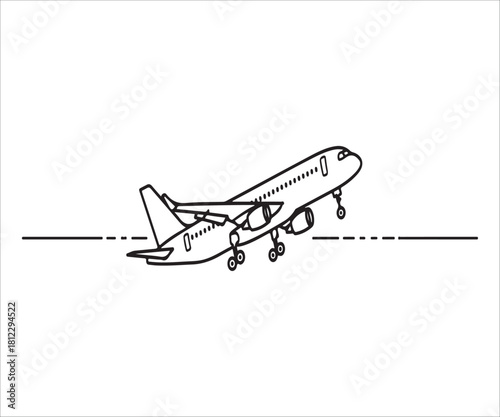 Airplane taking off line art minimal design on white background illustration
