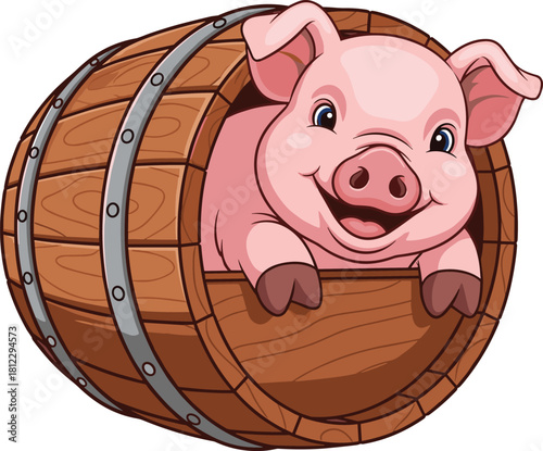 Cute cartoon pig peeking out of brown wooden barrel, happy smiling piglet character vector illustration, farm animal mascot for agriculture design, isolated clip art.
