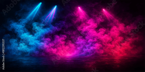 Colorful stage lighting with smoke and fog creating a dramatic effect