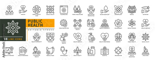 Minimalist Public Health line icons set with editable stroke, featuring Medicine, social health, telemedicine, health care protection, lifestyle, community health, hygiene. thin linear illustration.