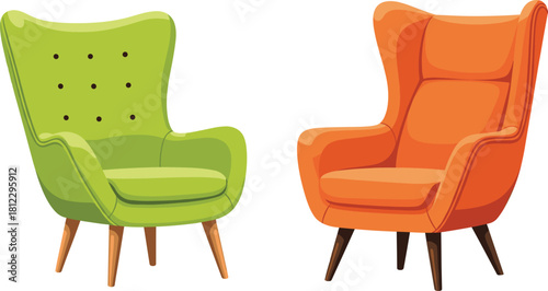 Modern stylish armchair vector set featuring colorful upholstered lounge chairs with wooden legs, perfect for home decor, furniture catalogs, and interior design illustrations