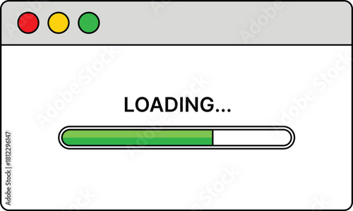 Computer screen with loading bar and traffic light buttons progress bar window