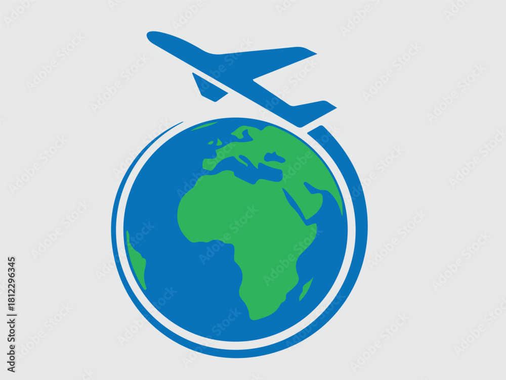 Fototapeta premium Airplane flying around the world, a blue and green globe representing travel and global connection.
