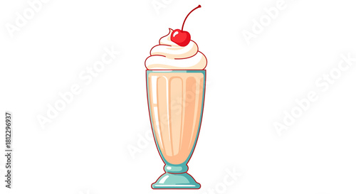 Classic vanilla milkshake with whipped cream and cherry topping vector