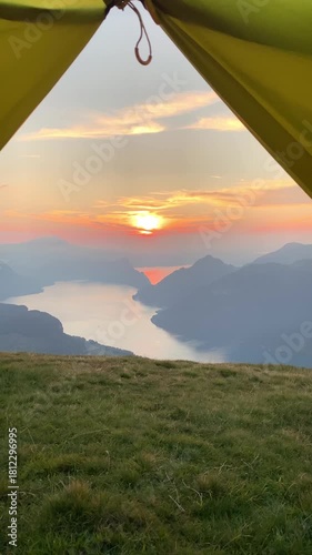 Sunset camping with an amazing view over Lake Lucerne on the Stoos