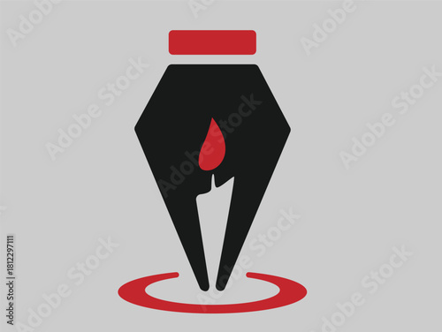 Stylized image of a black pen nib with a red top and a flame-like shape inside, above a red circular base.