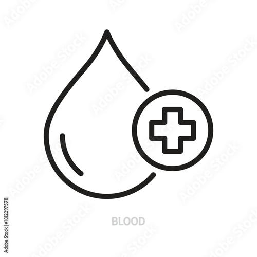Blood drop line icon. Black outline sign. Medical symbol. Medicine, hospital, health, healthcare concept. Vector illustration. Editable stroke. Isolated on a white background. Flat design.