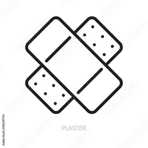 Plaster line icon. Black outline sign. Bandage symbol. Medicine, medical, hospital, health, healthcare, concept. Vector illustration. Editable stroke. Isolated on a white background. Flat design.