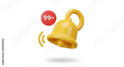 Glossy ringing notification bell with a badge indicating many new incoming messages or important alerts