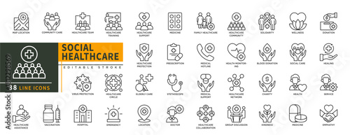Minimalist Social Healthcare line icons set with editable stroke, featuring map location, community care, healhcare team, suppotrt, circle, virus protection, hospital, docto. thin linear illustration.