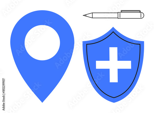 Blue location marker, shield with medical cross, and pen. Ideal for healthcare, navigation, safety, medical assistance, protection location-based services documentation. Simple flat metaphor