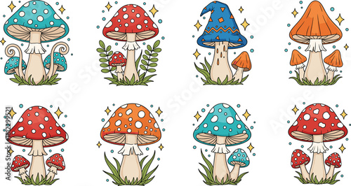 Whimsical colorful mushroom vector collection featuring fantasy toadstools, forest plants, and magical decorative elements perfect for nature, fairy-tale, and botanical designs