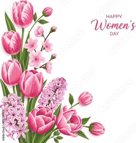  create a Women's day greeting card with realistic Composition of spring pink flowers vector art with white background
