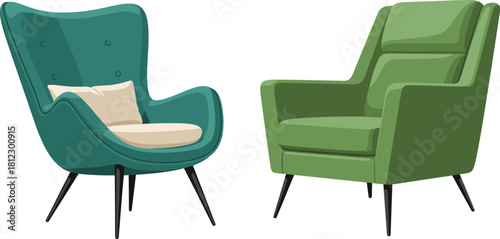 Modern stylish armchair vector set featuring elegant upholstered lounge chairs with soft cushions and metal legs, perfect for home decor and interior design illustrations
