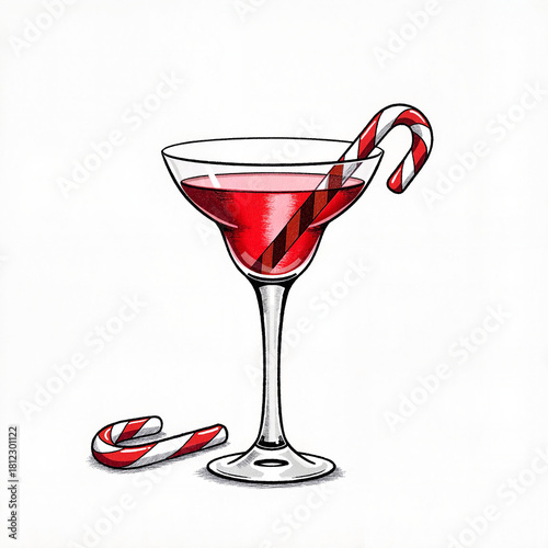 Festive cocktail with candy cane beside, holiday cheer, isolated