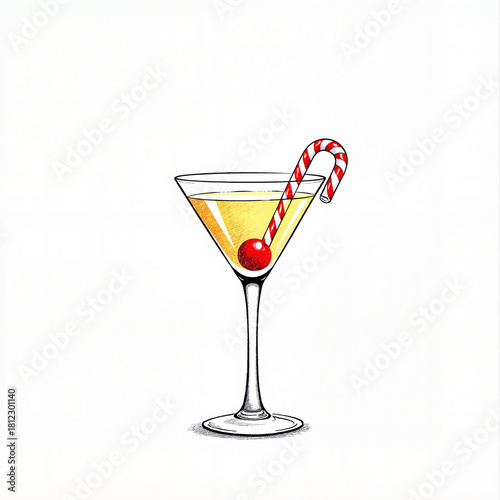 Minimalistic cocktail with candy cane on rim, festive and cheerful