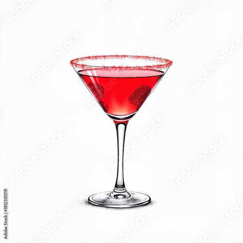 Sparkling red cocktail in glass with sugar rim, festive celebration