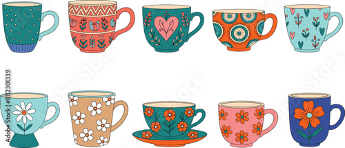 Colorful decorative mug and teacup vector collection featuring floral patterns, cozy drinkware designs, and charming hand-drawn details for kitchen and home illustrations