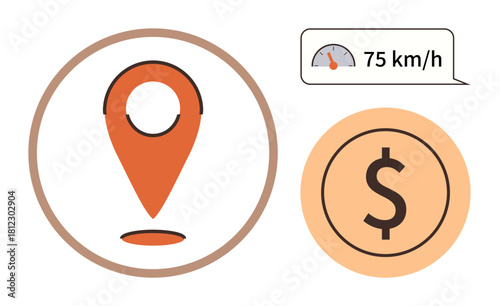 Navigation pin highlighting location, speedometer displaying 75 kmh, dollar icon implying costs. Ideal for logistics, travel tracking, expense calculation, delivery planning, fleet management