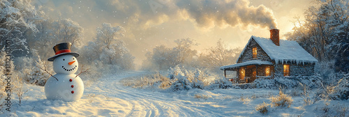 Snowman stands by cozy cottage on a snowy evening Generative AI