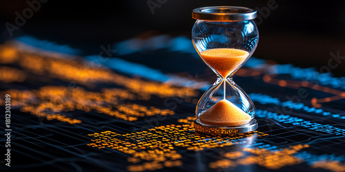 Transparent hourglass placed over economic charts at night Generative AI