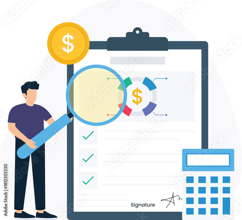 Financial analysis concept man inspecting business report with magnifying glass data chart on clipboard for budget planning investment review and accounting audit