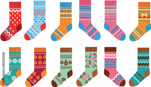 Colorful patterned sock vector collection featuring cozy winter and autumn designs with geometric shapes, stripes, leaves, and floral elements for seasonal illustrations