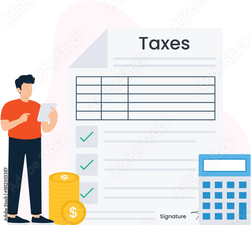 Man calculating taxes with financial document and calculator. Tax preparation concept for tax season, financial management, accounting services, income tax payment, budget planning, and tax return.