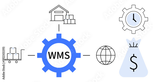 WMS gear with warehouse, clock, globe, money bag, and cart icons showing inventory management, supply chain efficiency, and cost savings. Ideal for logistics, retail and e-commerce industries