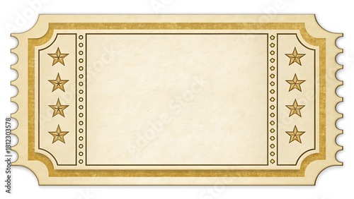 Vintage blank admission ticket or coupon with ornate gold border, stars, and perforated edge, perfect for event entry, raffle, or award certificate, isolated on white background