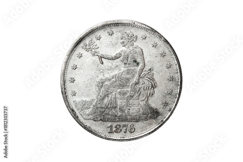 USA one silver trade dollar  coin replica with Liberty on the obverse dated 1876 and an Eagle on the reverse back png file cut out and isolated on a transparent background, coinage collecting stock 