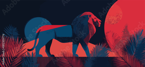 Lion in the jungle with red moon and plants at night