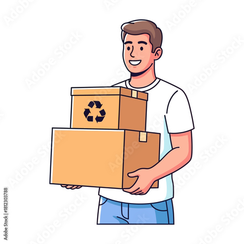 Smiling Cartoon Man Carrying Stacked Cardboard Boxes with Recycling Symbol